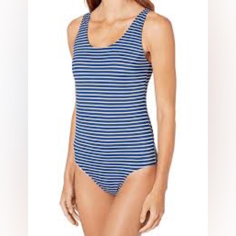 Amazon Essentials Womens Small One Piece Striped Swimsuit Blue White
